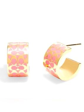 Coach Signature C Pattern Pink and Gold Enamel Huggie Earrings NWT